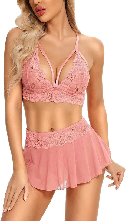 Genhoo Sexy Lingerie Sets for Women Naughty 3 Piece Lace Bralette, Mini Skirt with G-String Teddy Lingerie Babydoll Set Light Pink / Medium