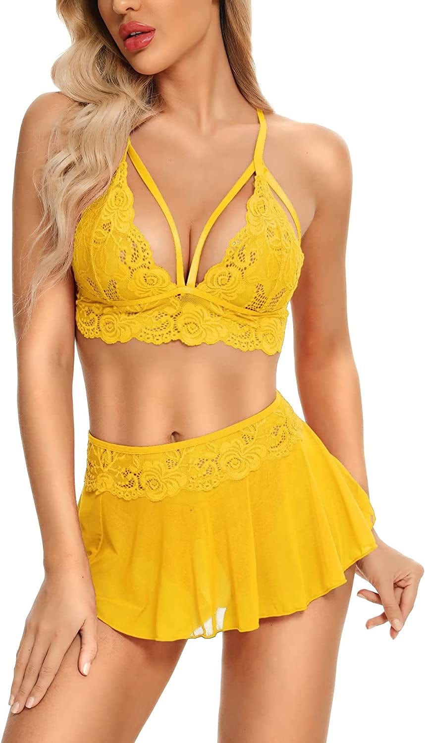 Genhoo Sexy Lingerie Sets for Women Naughty 3 Piece Lace Bralette, Mini Skirt with G-String Teddy Lingerie Babydoll Set Yellow / XX-Large