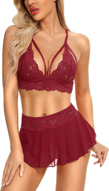 Genhoo Sexy Lingerie Sets for Women Naughty 3 Piece Lace Bralette, Mini Skirt with G-String Teddy Lingerie Babydoll Set Wine Red / Medium