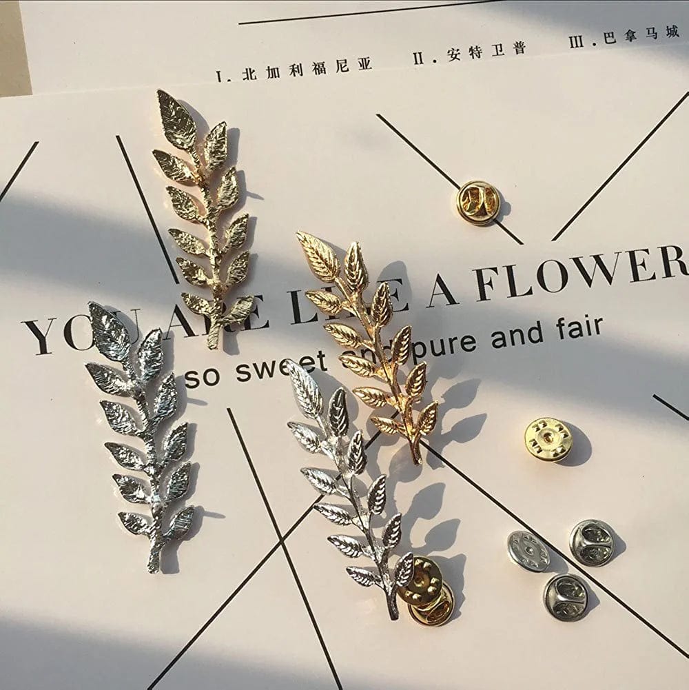 Gentlemen Suit Brooches Simple Elegant Double Leaf Collar Pin Brooch Gold Silver Plant Brooch