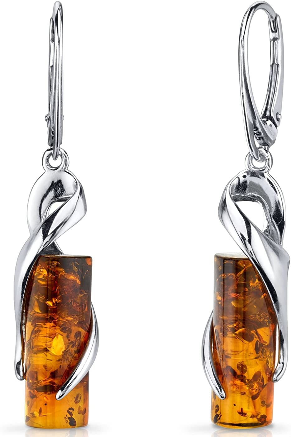 Genuine Baltic Amber Cylindrical Design Pendant and Earrings Jewelry for Women in Sterling Silver Dangle Earrings