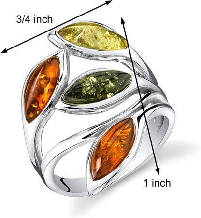 Genuine Baltic Amber Leaf Ring for Women 925 Sterling Silver, Rich Cognac, Olive Green, Honey Yellow Colors, Sizes 5 to 9