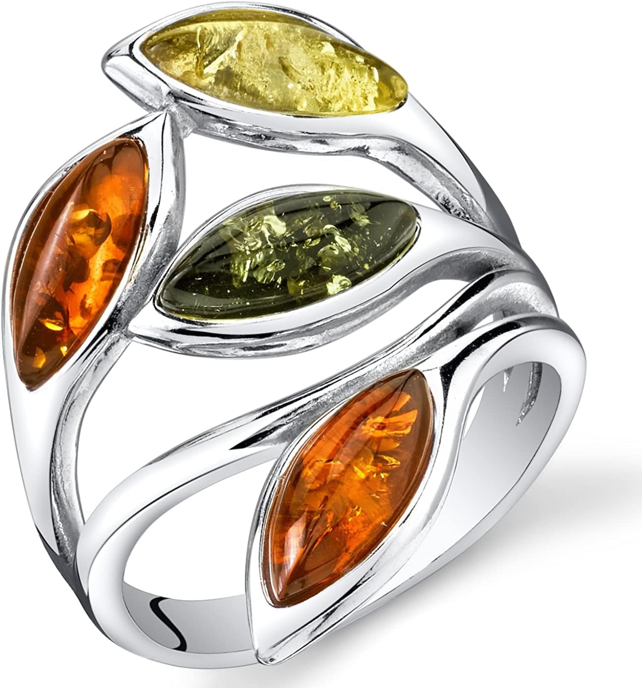 Genuine Baltic Amber Leaf Ring for Women 925 Sterling Silver, Rich Cognac, Olive Green, Honey Yellow Colors, Sizes 5 to 9 7