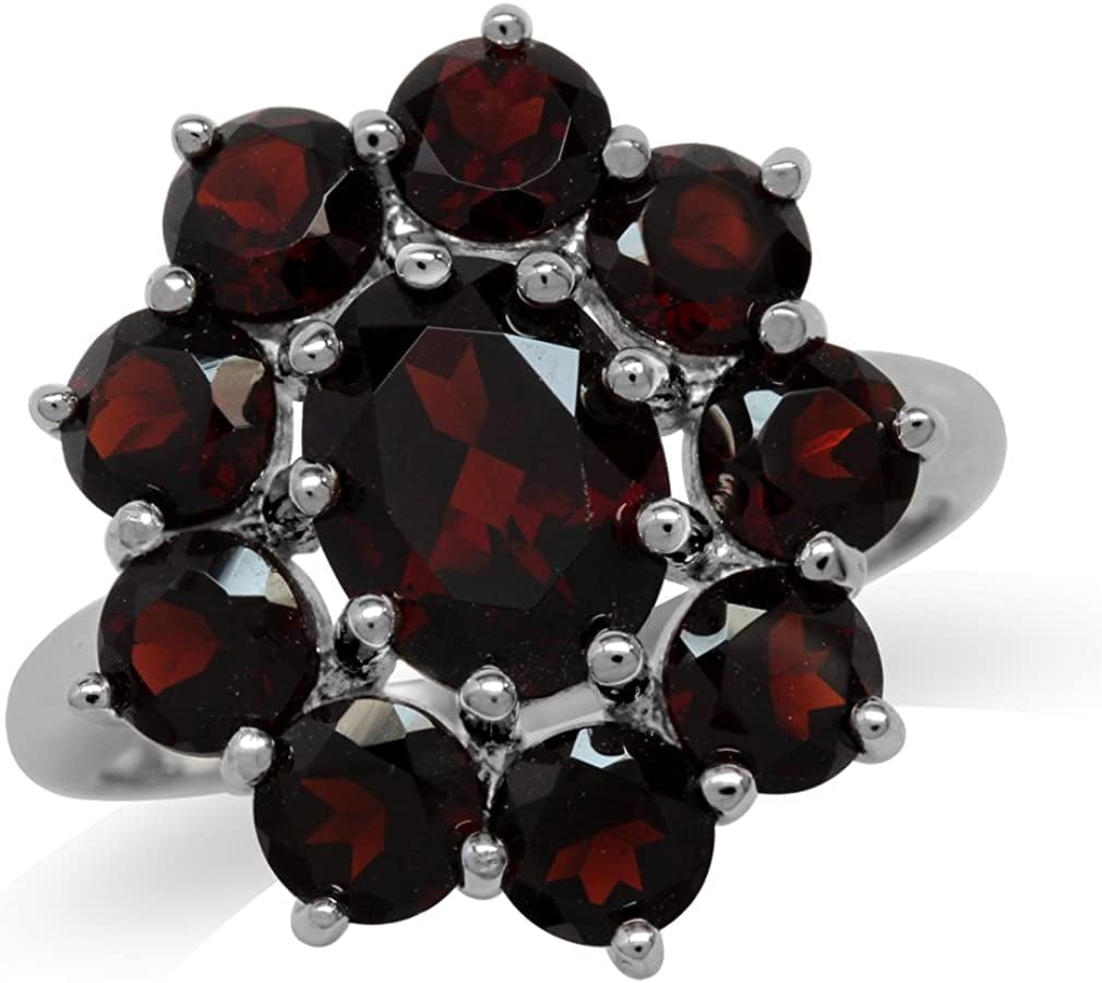 Genuine Gemstone White Gold Plated 925 Sterling Silver Flower Cluster Right Hand Ring Jewelry for Women 8.5 / natural red garnet
