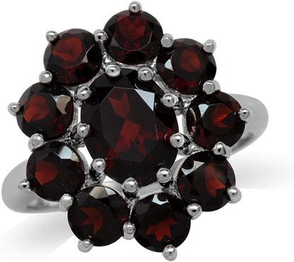 Genuine Gemstone White Gold Plated 925 Sterling Silver Flower Cluster Right Hand Ring Jewelry for Women 8.5 / natural red garnet