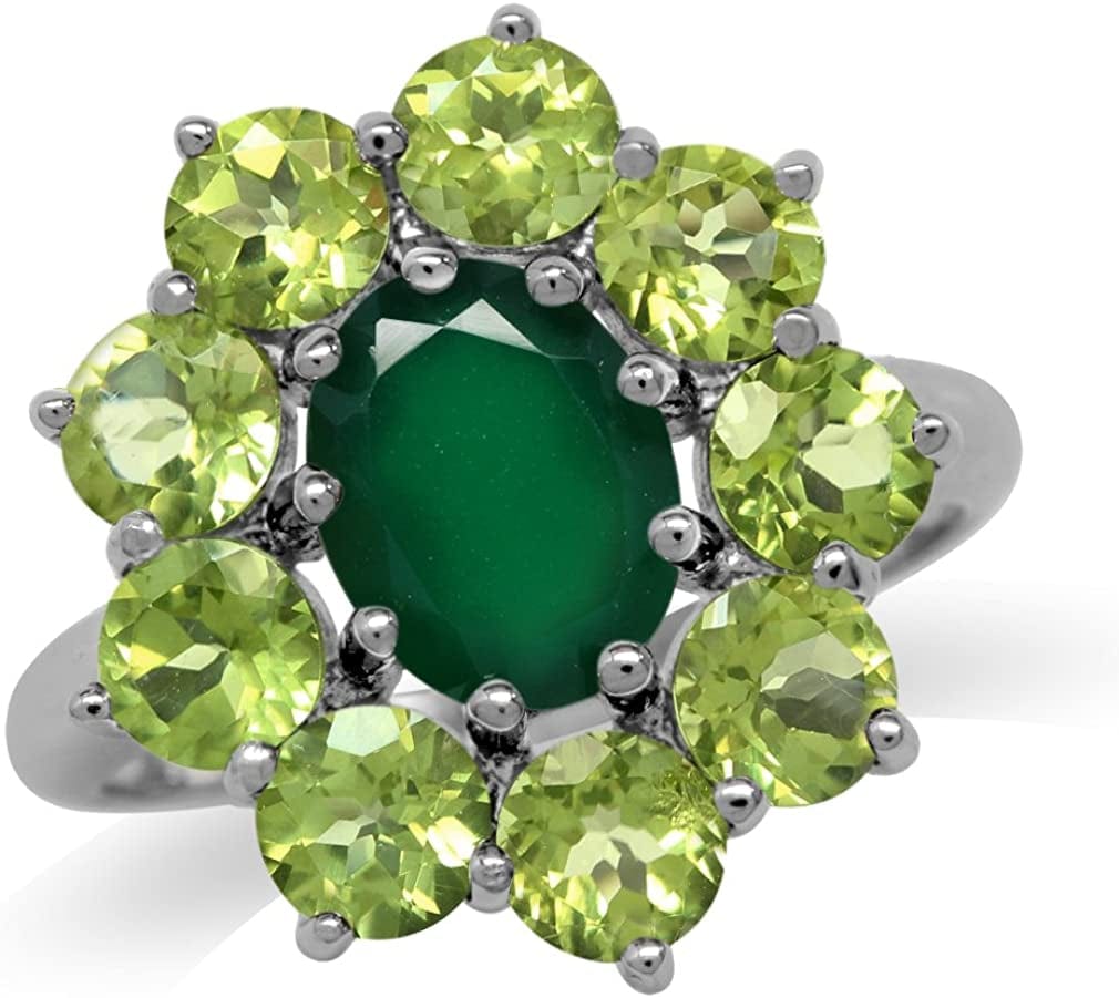 Genuine Gemstone White Gold Plated 925 Sterling Silver Flower Cluster Right Hand Ring Jewelry for Women 6 / natural emerald green agate and green peridot