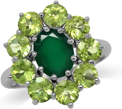 Genuine Gemstone White Gold Plated 925 Sterling Silver Flower Cluster Right Hand Ring Jewelry for Women 6 / natural emerald green agate and green peridot