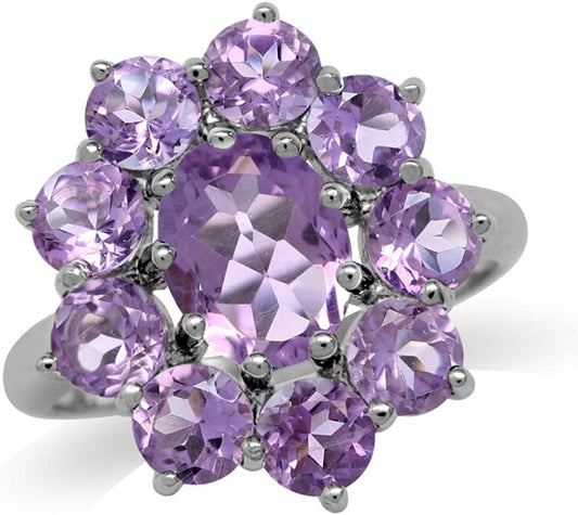 Genuine Gemstone White Gold Plated 925 Sterling Silver Flower Cluster Right Hand Ring Jewelry for Women 7.5 / genuine purple amethyst