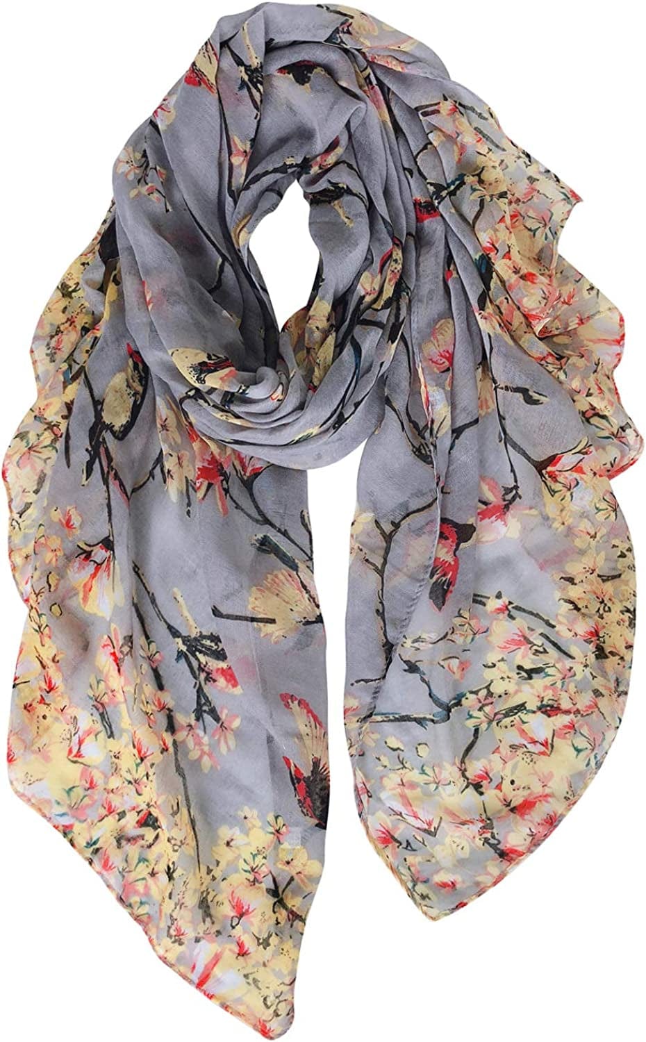 GERINLY Scarfs for Women Lightweight Floral Birds Print Cotton Scarves and Wraps for Holiday Shawl Grey