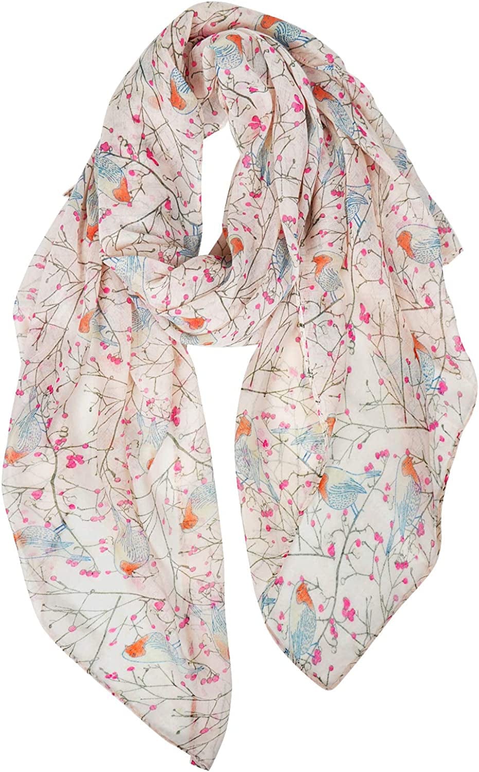 GERINLY Scarfs for Women Lightweight Floral Birds Print Cotton Scarves and Wraps for Holiday Shawl Cream