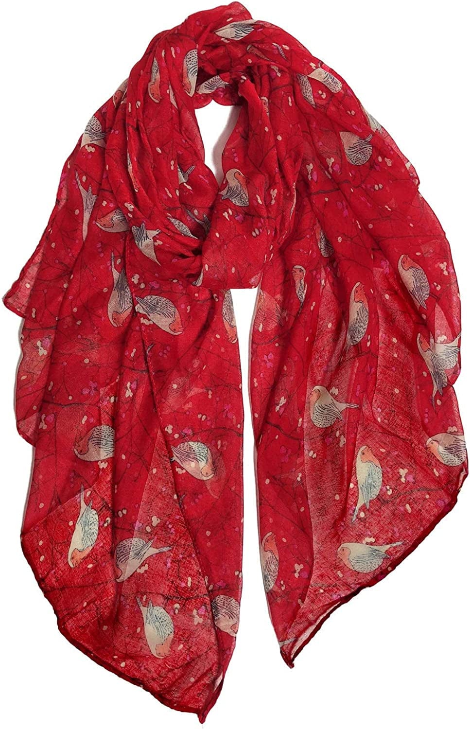 GERINLY Scarfs for Women Lightweight Floral Birds Print Cotton Scarves and Wraps for Holiday Shawl Red