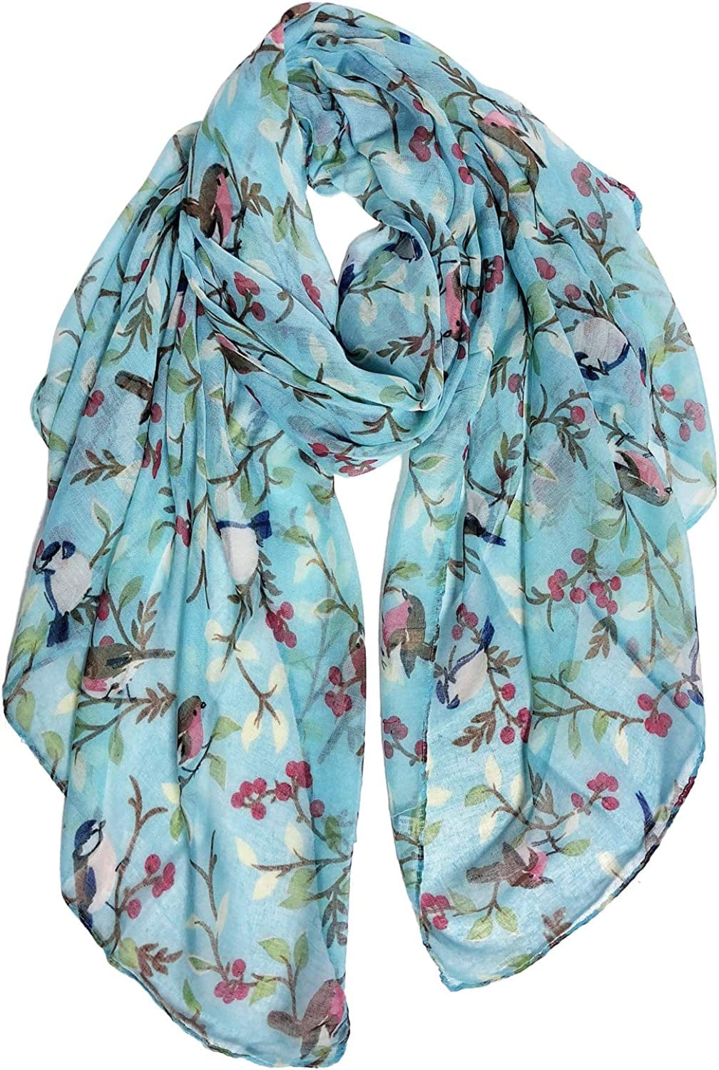 GERINLY Scarfs for Women Lightweight Floral Birds Print Cotton Scarves and Wraps for Holiday Shawl Turquoise