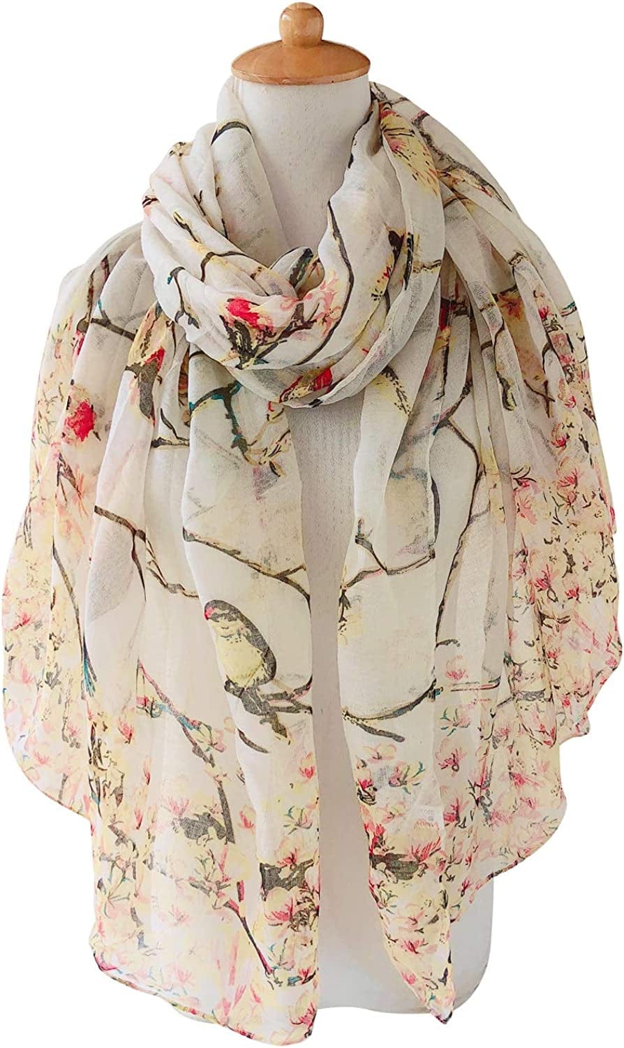 GERINLY Scarfs for Women Lightweight Floral Birds Print Cotton Scarves and Wraps for Holiday Shawl