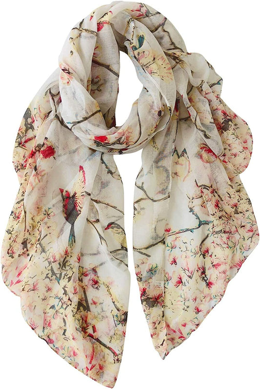 GERINLY Scarfs for Women Lightweight Floral Birds Print Cotton Scarves and Wraps for Holiday Shawl Beige