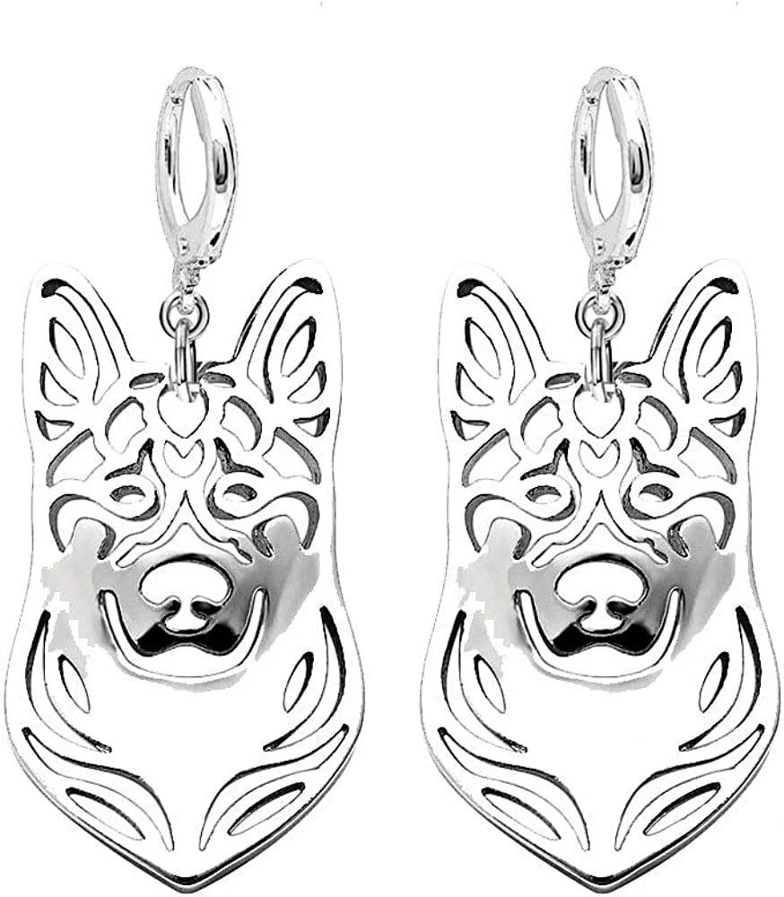 German Shepherd Dog Sterling Silver Necklace Dangle Earrings Set by Ginger Lyne Ears down Puppy Dog Pet Pendant Box Chain Doggie Animal Paw Print Heart Jewelry for Pit Mom Women Girls Teens Earrings