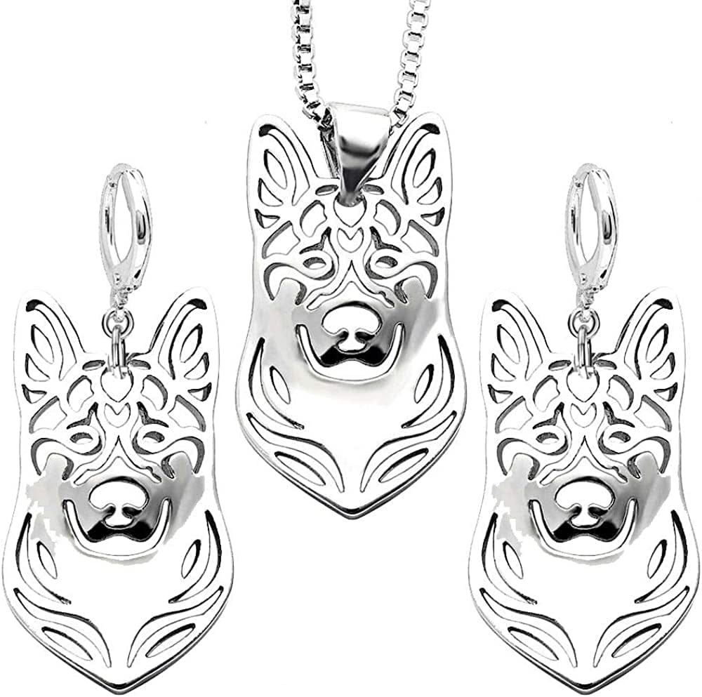 German Shepherd Dog Sterling Silver Necklace Dangle Earrings Set by Ginger Lyne Ears down Puppy Dog Pet Pendant Box Chain Doggie Animal Paw Print Heart Jewelry for Pit Mom Women Girls Teens Dog Set