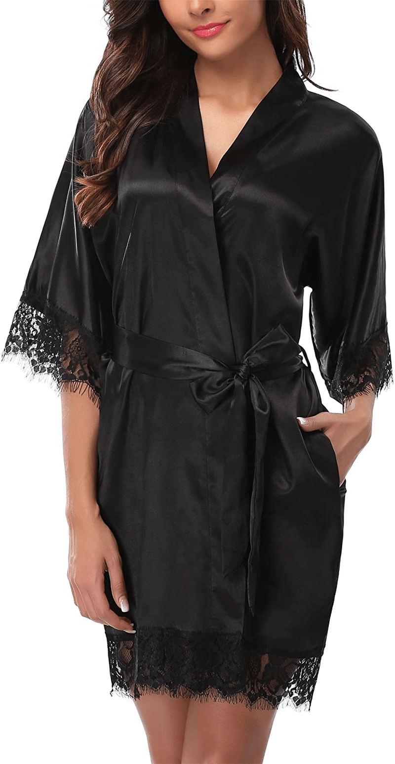 Giova Women'S Lace Trim Kimono Robe Bride Bridesmaids Wedding Shower Satin Short Robe Apparel & Accessories > Clothing > Sleepwear & Loungewear > Robes Giova Black Medium 