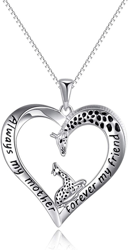 Giraffe Jewelry Gifts for Women Sterling Silver Giraffe Family Love Heart Pendant Necklace for Mom Daughter Birthday Mothers Day Gifts silver-two giraffe necklace