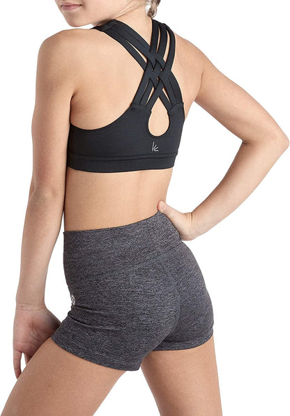 Girls Braided Sports Bra with Integrated Bra Shelf Liner for Dance, Gym, Aerobics. Yoga, Cheer! Black / Medium