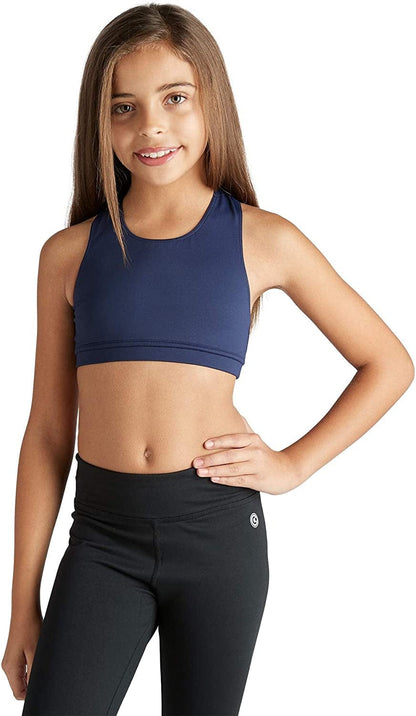 Girls Braided Sports Bra with Integrated Bra Shelf Liner for Dance, Gym, Aerobics. Yoga, Cheer! Navy / Medium