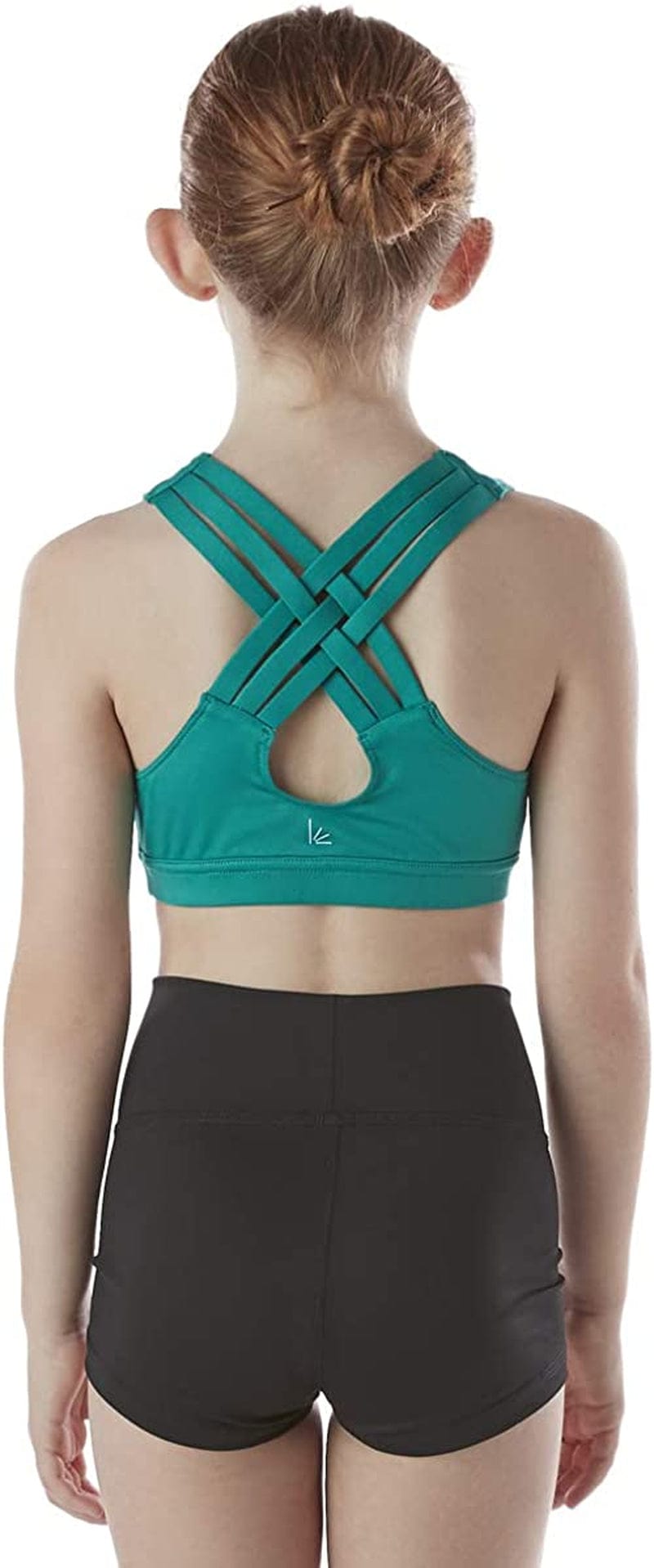Girls Braided Sports Bra with Integrated Bra Shelf Liner for Dance, Gym, Aerobics. Yoga, Cheer! Emerald / Large