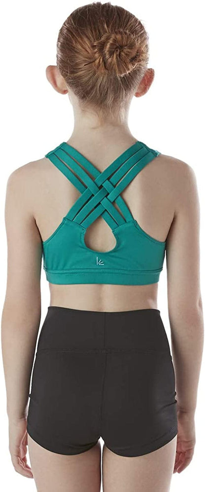 Girls Braided Sports Bra with Integrated Bra Shelf Liner for Dance, Gym, Aerobics. Yoga, Cheer! Emerald / Large