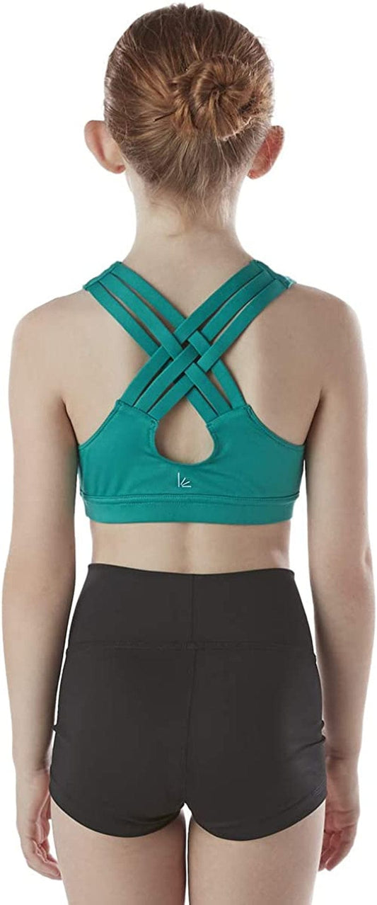 Girls Braided Sports Bra with Integrated Bra Shelf Liner for Dance, Gym, Aerobics. Yoga, Cheer! Emerald / Large