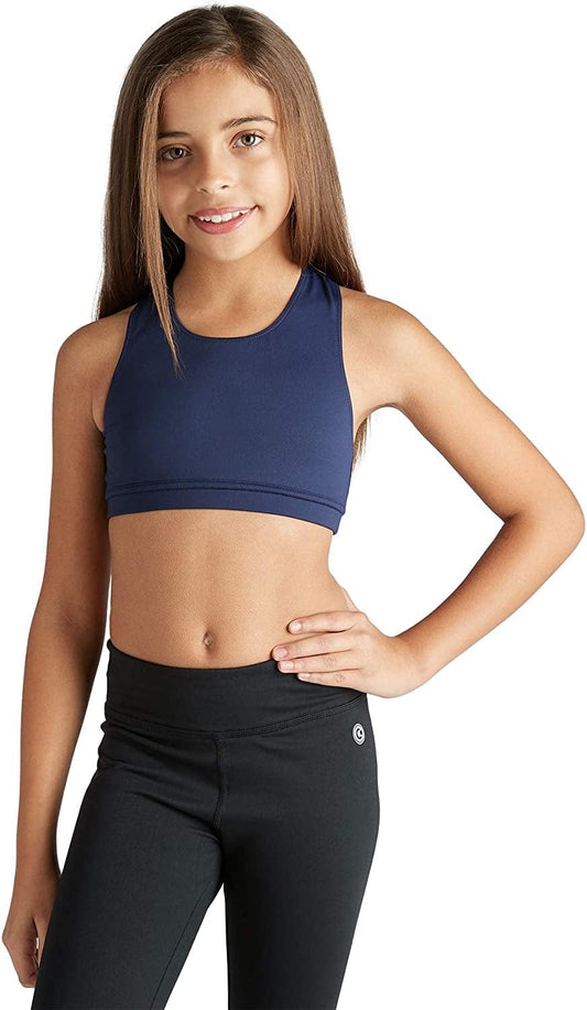 Girls Braided Sports Bra with Integrated Bra Shelf Liner for Dance, Gym, Aerobics. Yoga, Cheer! Navy / Medium