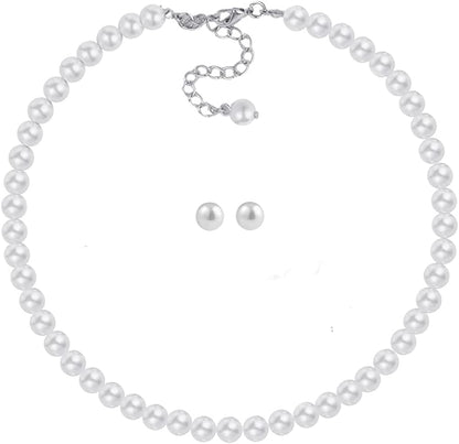 Glass Pearl Necklace and Earring Set,Collar De Perlas Para Mujer,Faux Pearl Jewelry Set for Women with Charm Chain 8mm