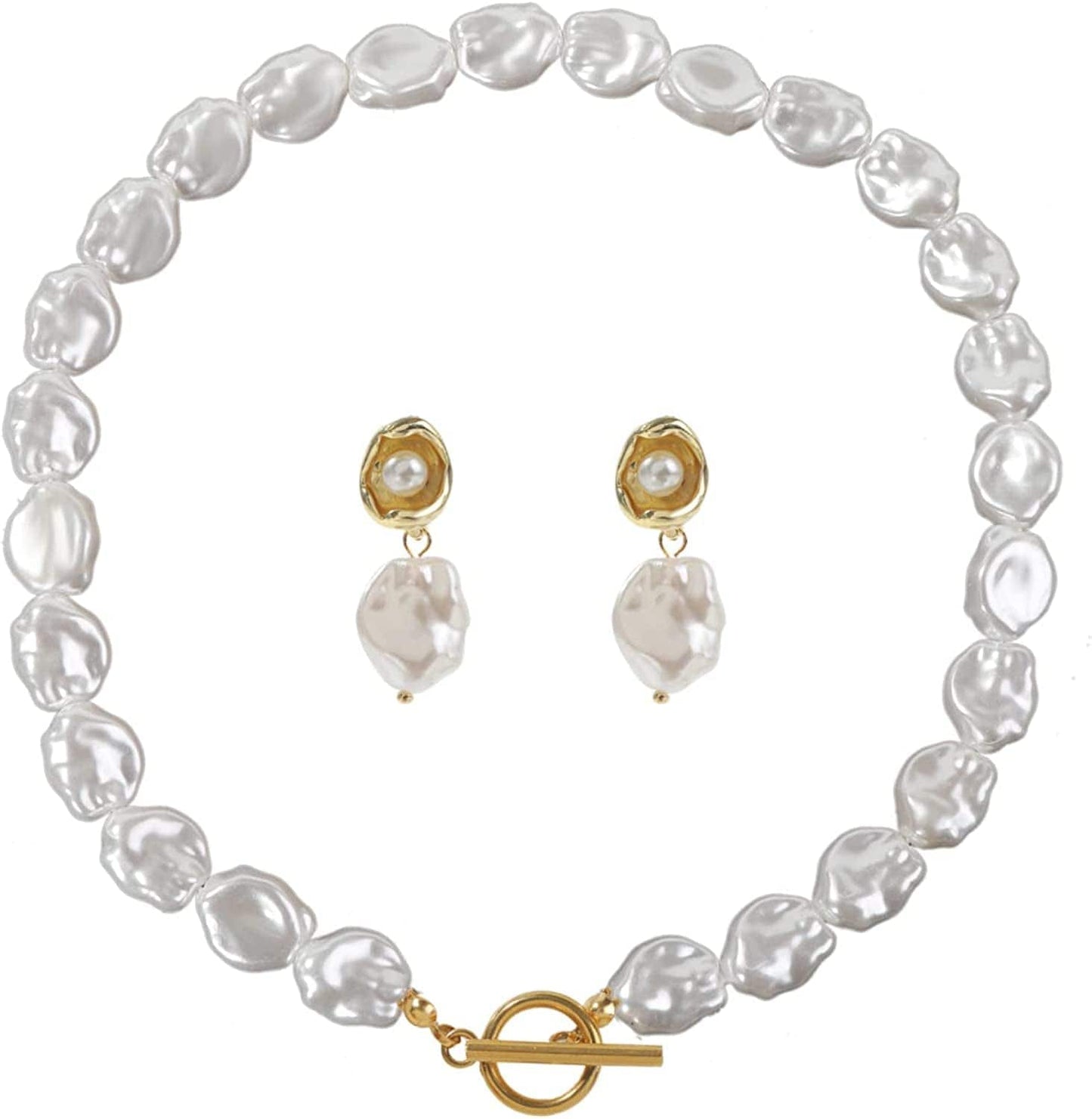 Glass Pearl Necklace and Earring Set,Collar De Perlas Para Mujer,Faux Pearl Jewelry Set for Women with Charm Chain 14.0mm