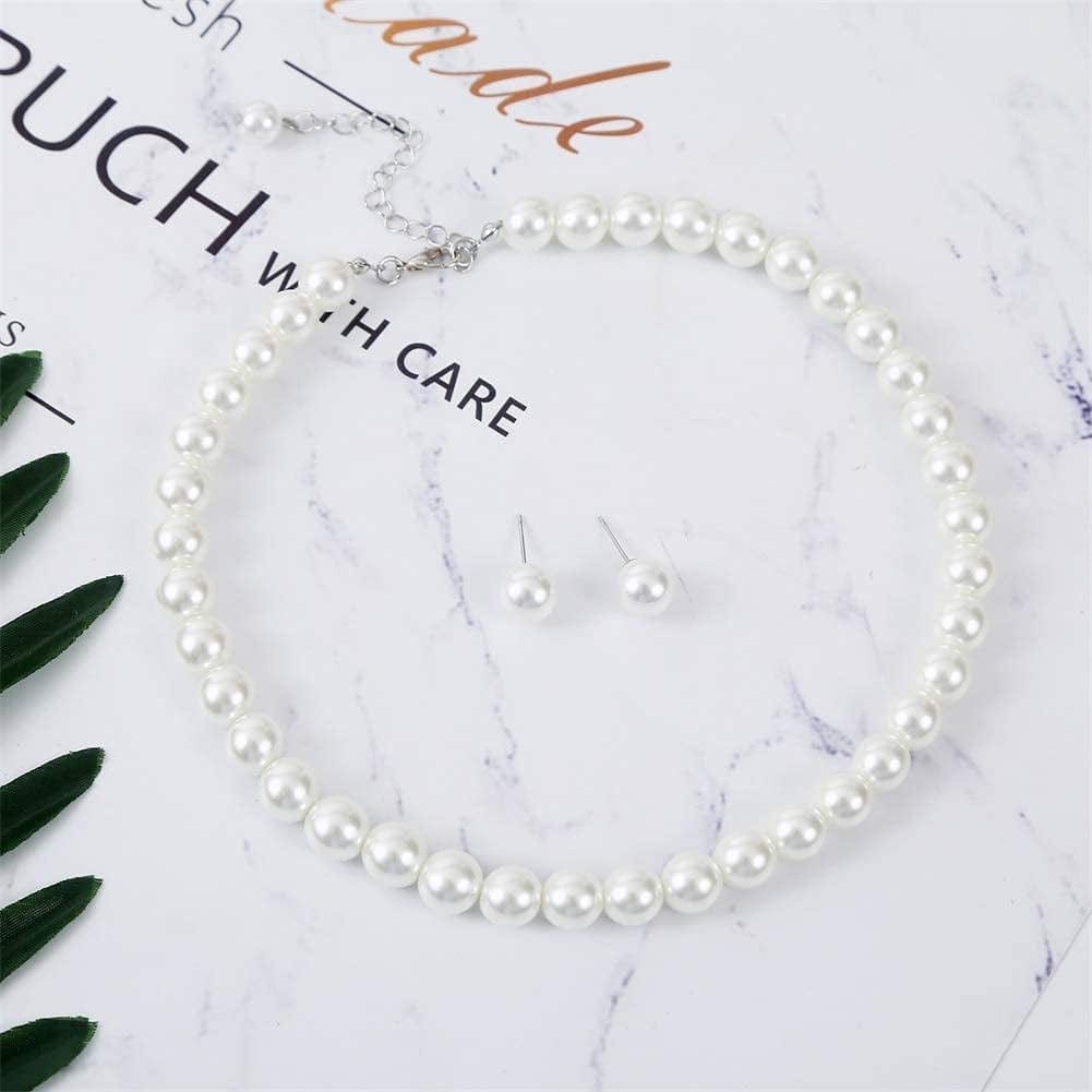 Glass Pearl Necklace and Earring Set,Collar De Perlas Para Mujer,Faux Pearl Jewelry Set for Women with Charm Chain