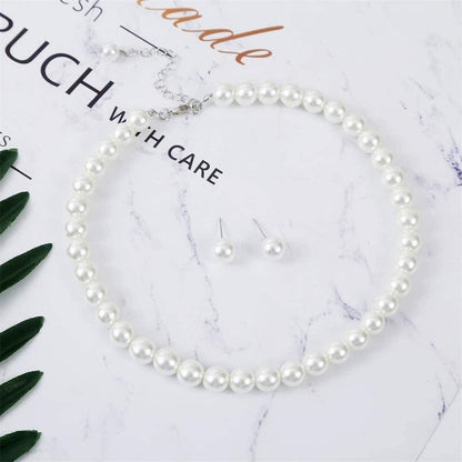 Glass Pearl Necklace and Earring Set,Collar De Perlas Para Mujer,Faux Pearl Jewelry Set for Women with Charm Chain