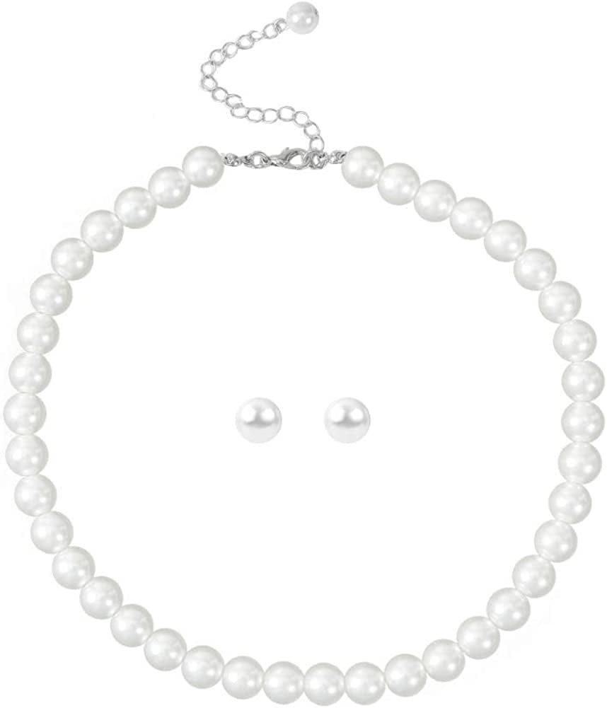 Glass Pearl Necklace and Earring Set,Collar De Perlas Para Mujer,Faux Pearl Jewelry Set for Women with Charm Chain 10mm