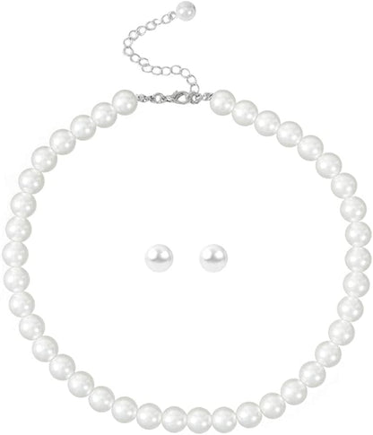 Glass Pearl Necklace and Earring Set,Collar De Perlas Para Mujer,Faux Pearl Jewelry Set for Women with Charm Chain 10mm