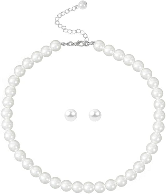 Glass Pearl Necklace and Earring Set,Collar De Perlas Para Mujer,Faux Pearl Jewelry Set for Women with Charm Chain 10mm