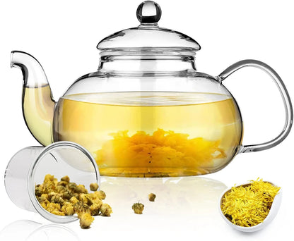 Glass Tea Pot 1L with Removable Infuser, Blooming and Loose Leaf Tea Maker Set, Stovetop and Microwave Safe Tea Kettle. 1.Tea Pot