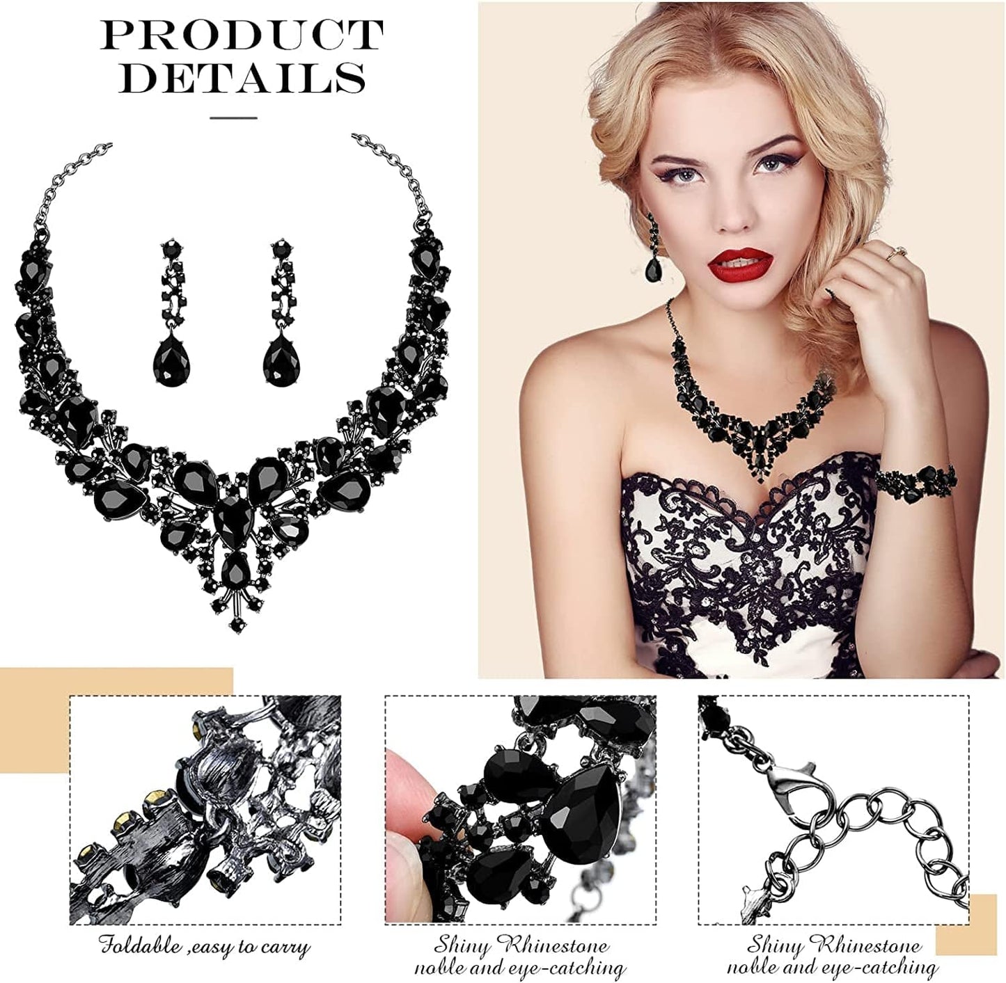 Glitter Rhinestone Purse and Handbag Crossbody Envelope Evening Clutch and Crystal Necklace Earrings Bracelet Costume Jewelry Sets for Women Bridal Wedding Party