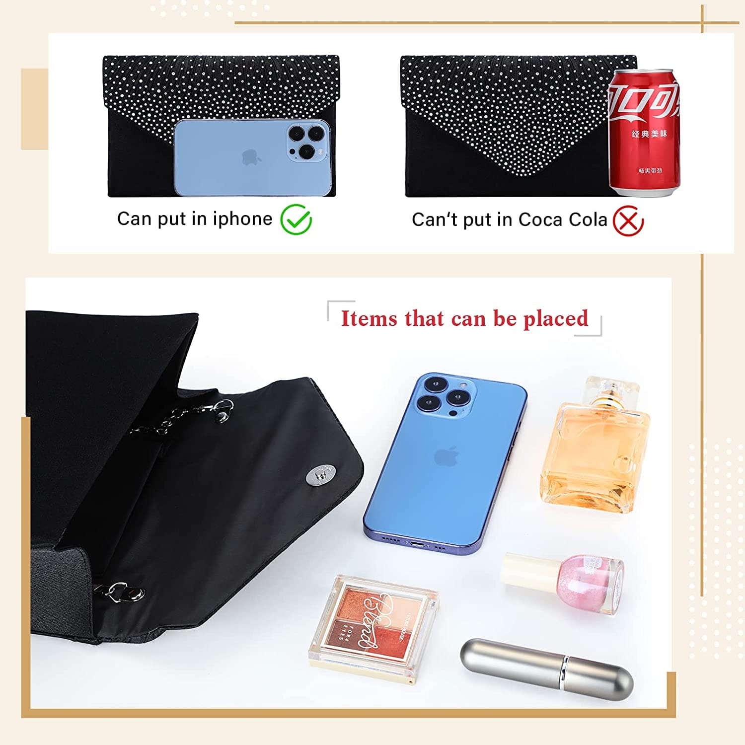 Glitter Rhinestone Purse and Handbag Crossbody Envelope Evening Clutch and Crystal Necklace Earrings Bracelet Costume Jewelry Sets for Women Bridal Wedding Party
