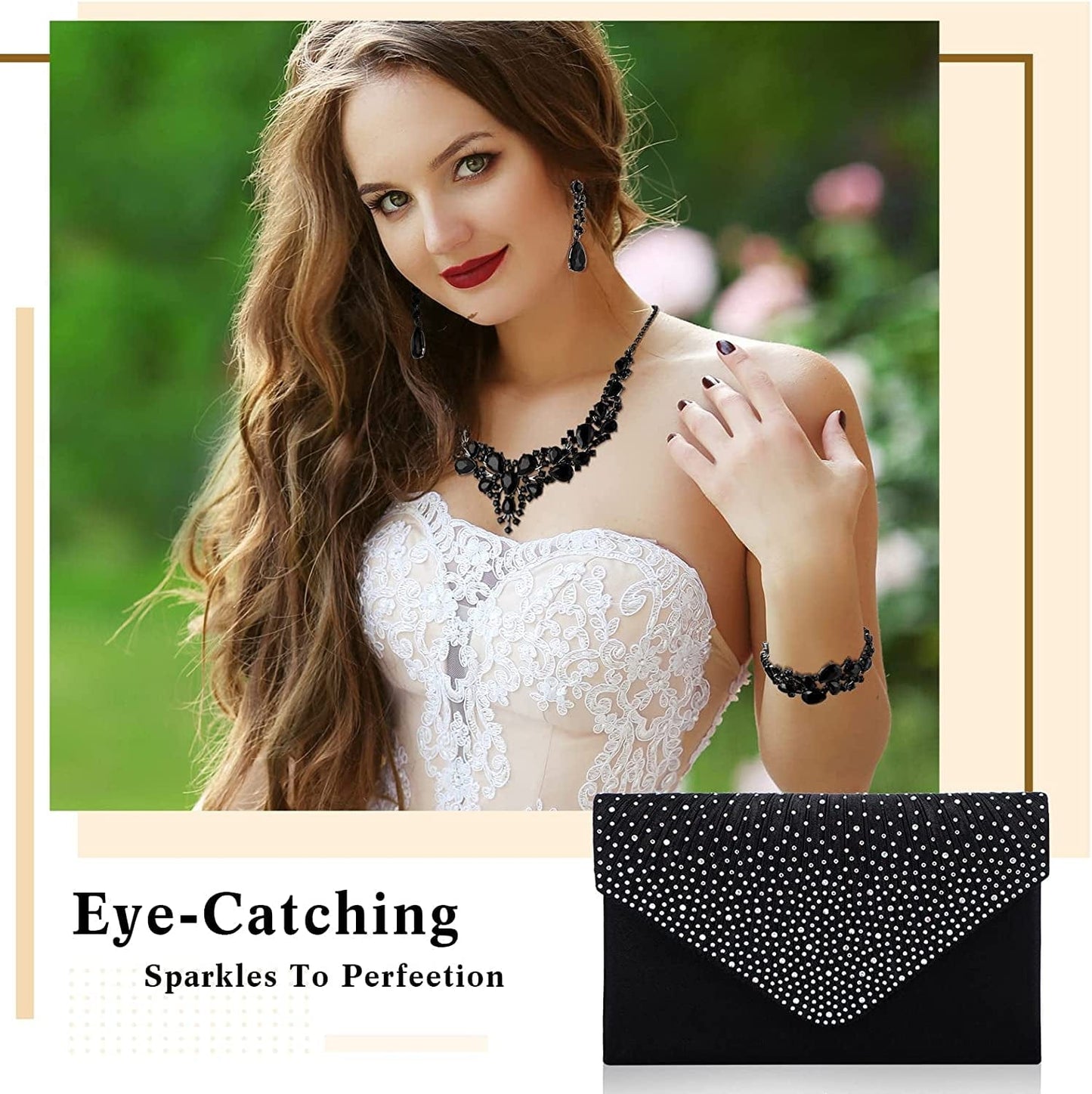 Glitter Rhinestone Purse and Handbag Crossbody Envelope Evening Clutch and Crystal Necklace Earrings Bracelet Costume Jewelry Sets for Women Bridal Wedding Party