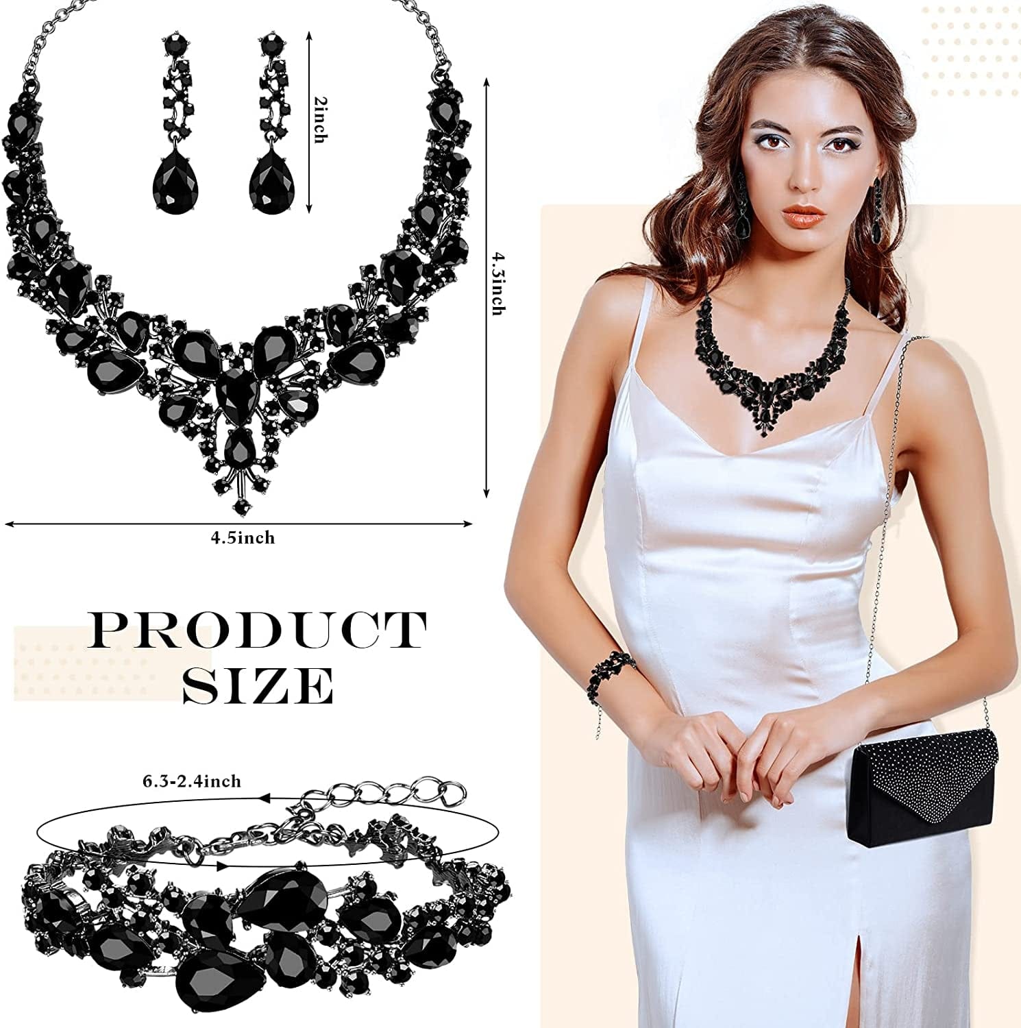 Glitter Rhinestone Purse and Handbag Crossbody Envelope Evening Clutch and Crystal Necklace Earrings Bracelet Costume Jewelry Sets for Women Bridal Wedding Party