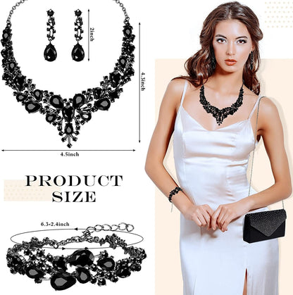 Glitter Rhinestone Purse and Handbag Crossbody Envelope Evening Clutch and Crystal Necklace Earrings Bracelet Costume Jewelry Sets for Women Bridal Wedding Party