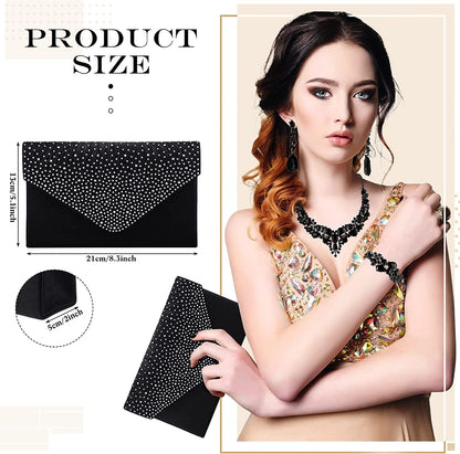 Glitter Rhinestone Purse and Handbag Crossbody Envelope Evening Clutch and Crystal Necklace Earrings Bracelet Costume Jewelry Sets for Women Bridal Wedding Party