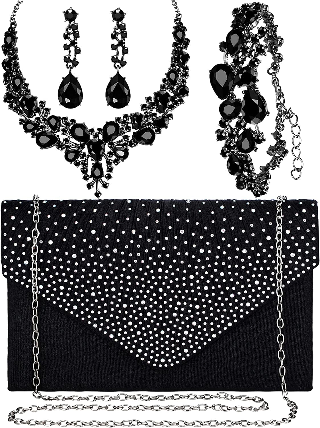 Glitter Rhinestone Purse and Handbag Crossbody Envelope Evening Clutch and Crystal Necklace Earrings Bracelet Costume Jewelry Sets for Women Bridal Wedding Party