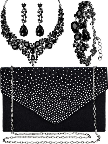 Glitter Rhinestone Purse and Handbag Crossbody Envelope Evening Clutch and Crystal Necklace Earrings Bracelet Costume Jewelry Sets for Women Bridal Wedding Party