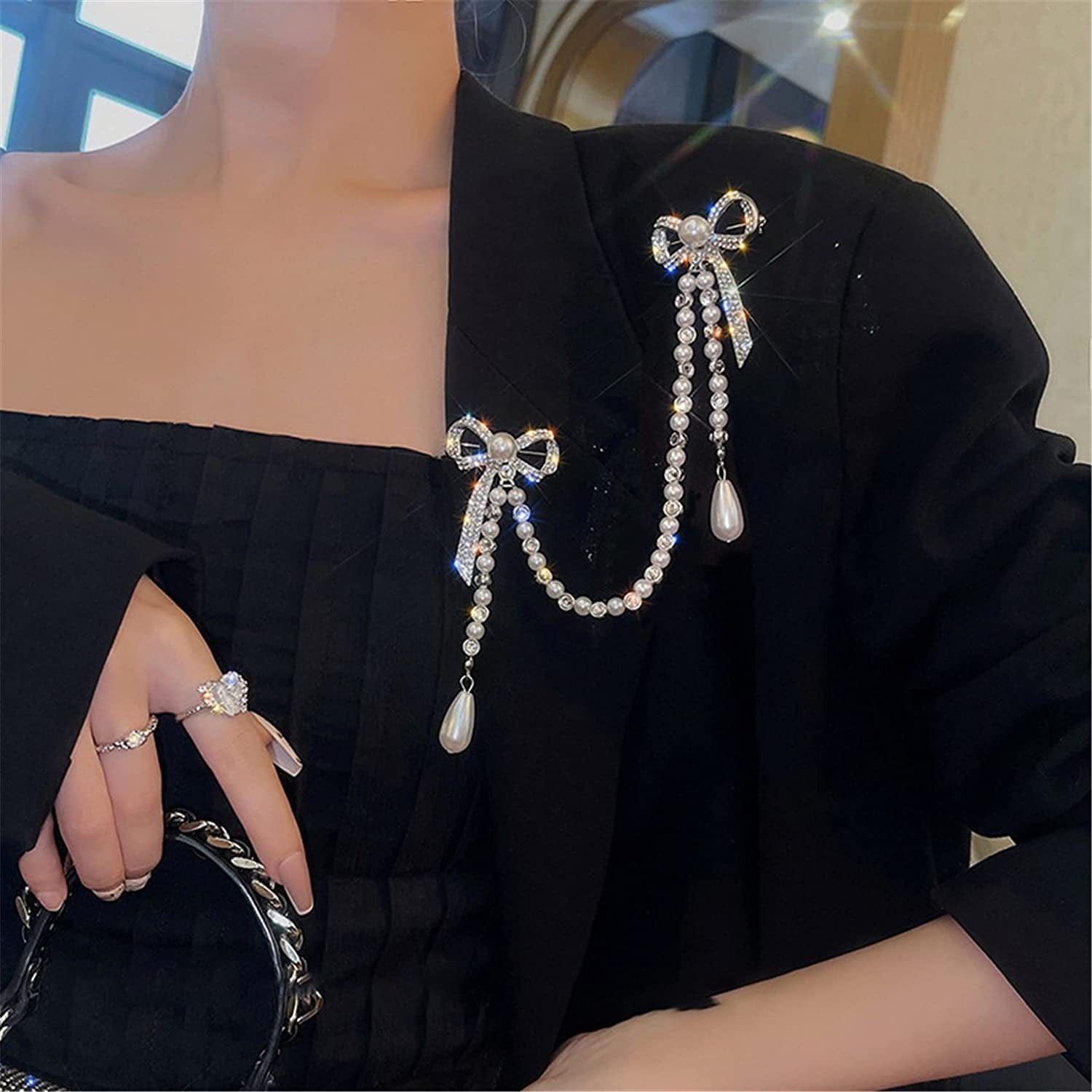 Glorymm Rhinestone Pearl Brooch Simple Bowknot Collar Pin Crystal Lapel Pin Bow Brooch Badge for Women,Silver Rhinestones, as the Description