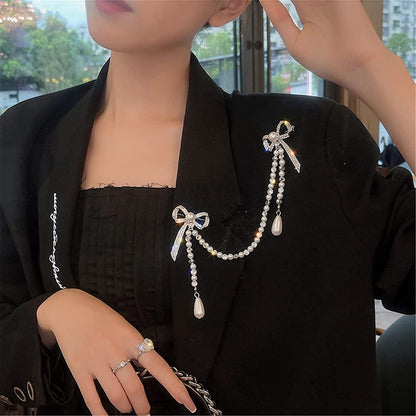 Glorymm Rhinestone Pearl Brooch Simple Bowknot Collar Pin Crystal Lapel Pin Bow Brooch Badge for Women,Silver Rhinestones, as the Description