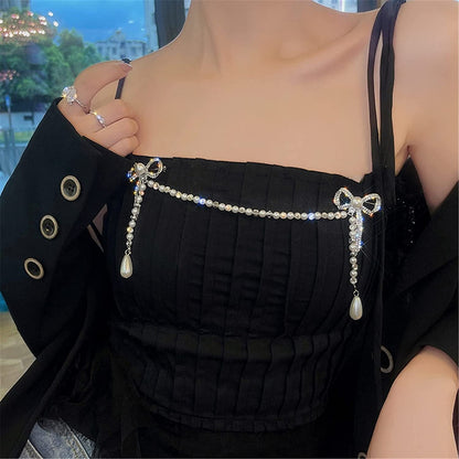 Glorymm Rhinestone Pearl Brooch Simple Bowknot Collar Pin Crystal Lapel Pin Bow Brooch Badge for Women,Silver Rhinestones, as the Description