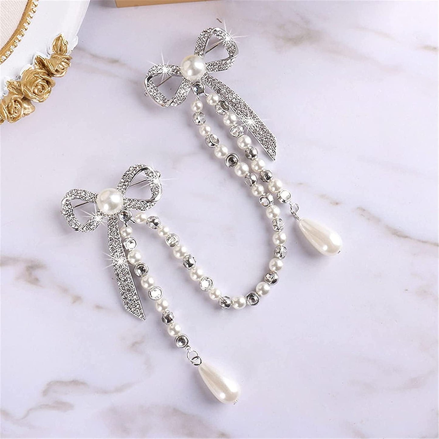 Glorymm Rhinestone Pearl Brooch Simple Bowknot Collar Pin Crystal Lapel Pin Bow Brooch Badge for Women,Silver Rhinestones, as the Description