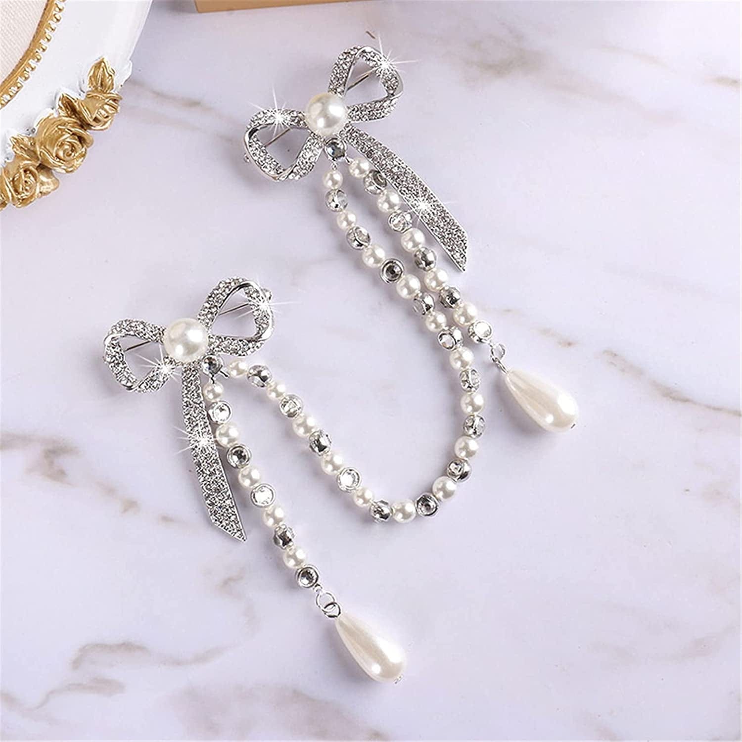 Glorymm Rhinestone Pearl Brooch Simple Bowknot Collar Pin Crystal Lapel Pin Bow Brooch Badge for Women,Silver Rhinestones, as the Description