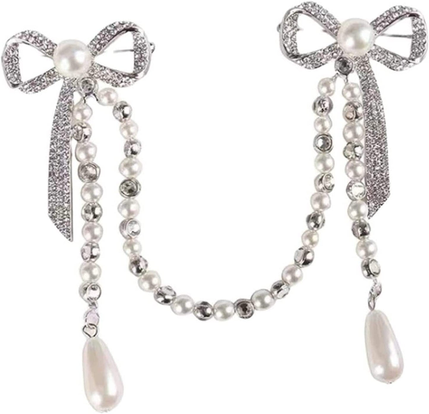 Glorymm Rhinestone Pearl Brooch Simple Bowknot Collar Pin Crystal Lapel Pin Bow Brooch Badge for Women,Silver Rhinestones, as the Description Silver Rhinestones